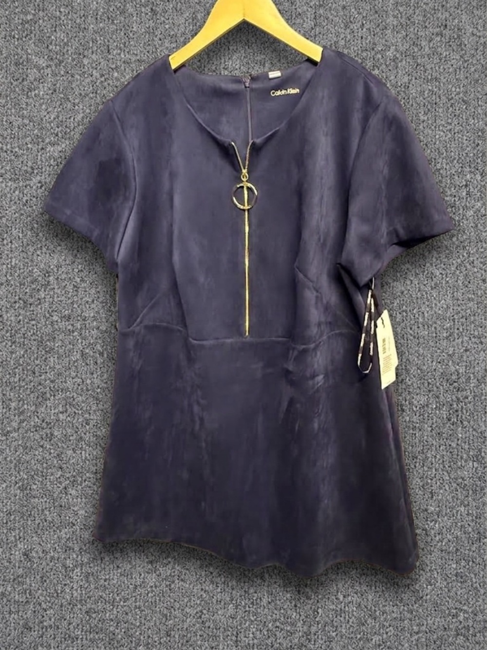 NWT Calvin Klein Faux Suede Dress 18W Navy Blue O-Ring Gold Zip Workwear Mod